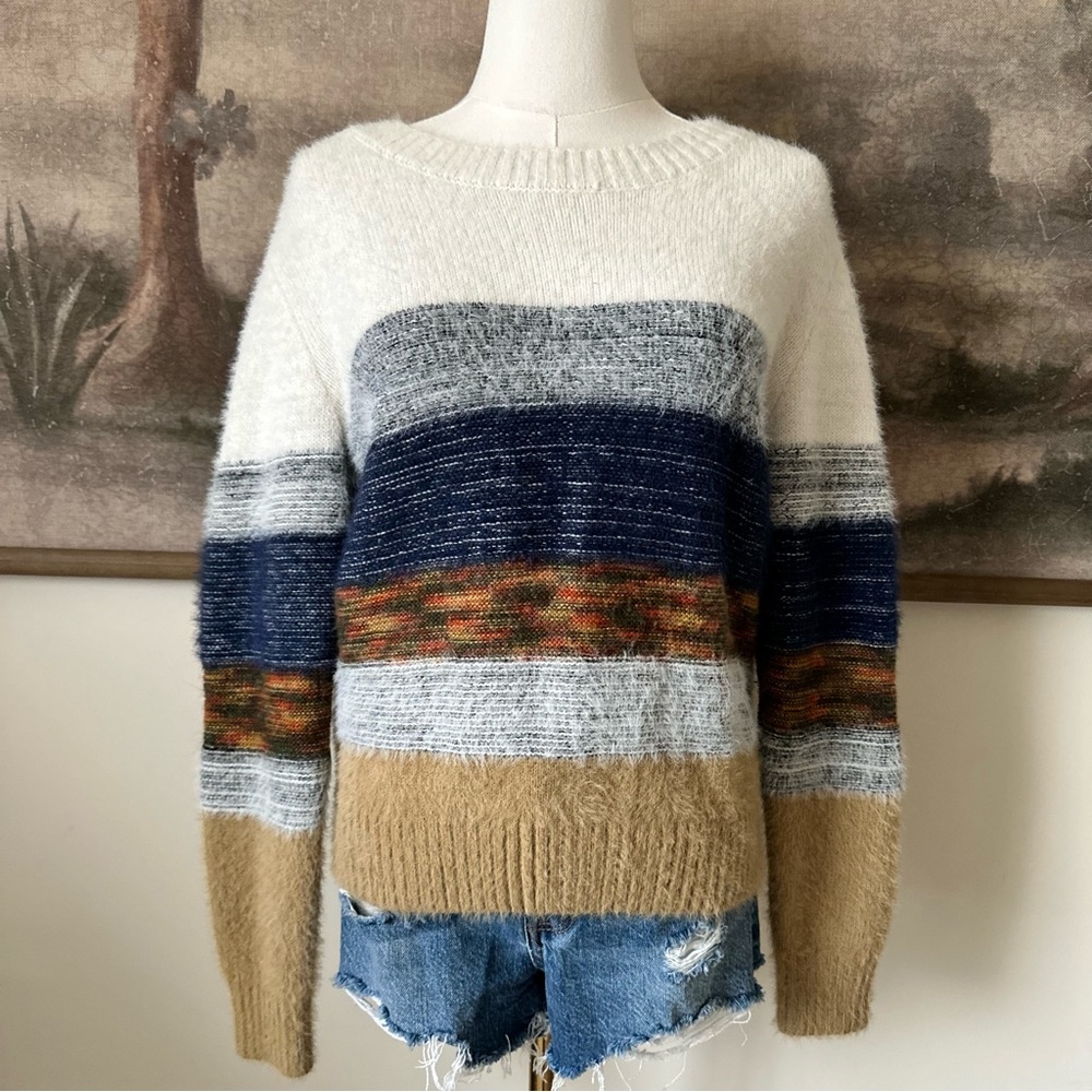 Fate Anthropology Cozy Striped Fuzzy Sweater in Blue, Tan, and Cream